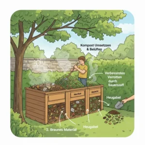 Prozess des Umsetzens und Belüftens, ein wichtiger Schritt, um kompost im garten richtig anlegen und beschleunigen.