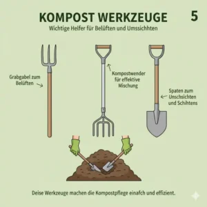 Die notwendigen Werkzeuge zum Umschichten und Belüften, um Bio Kompost selber machen zu optimieren.