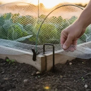 Befestigung des ökologische insektennetz für garten am Boden mit Haken, um einen sicheren Halt auch bei Wind zu gewährleisten.