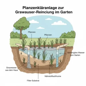 Funktion einer kleinen Pflanzenkläranlage zur natürlichen Reinigung und Wiederverwendung von Grauwasser im Garten.