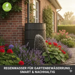Ein Bewässerungssystem, das mit gesammeltem Regenwasser aus einer Regentonne nachhaltig kaufen betrieben wird.