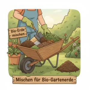Bio Erde für Garten herstellen: Verschiedene Komponenten werden in einer Schubkarre gemischt.