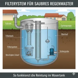 Schematische Darstellung des Filtersystems eines Tanks zur sauberen Regenwassernutzung im Garten Anleitung.