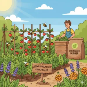 Bienen und Blumen in einem Garten, der mit umweltfreundlichem organischer dünger für garten kaufen gepflegt wird.