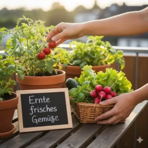 Die Freude der Ernte: Frische Paprika und Salat, die man durch bio gemüse im topf anbauen gewonnen hat.