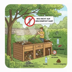 Veranschaulichung unerwünschter Abfälle, um zu vermeiden, dass kompost im garten richtig anlegen fehlschlägt.