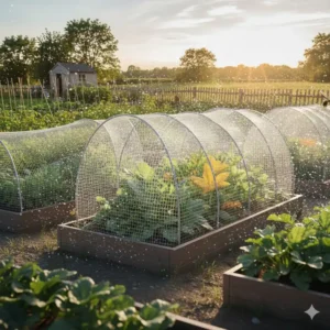 Panoramablick auf einen garten, in dem das ökologische insektennetz großflächig zum Schutz mehrerer Pflanzenreihen eingesetzt wird.