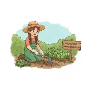 garten ohne chemie tipps – gärtner entfernt unkraut von hand mit einer kleinen hacke (chemiefreie unkrautbekämpfung)