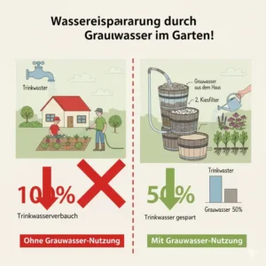 Infografik zur Wassereinsparung durch Grauwasser-Nutzung im Garten im Vergleich zum Trinkwasserverbrauch.