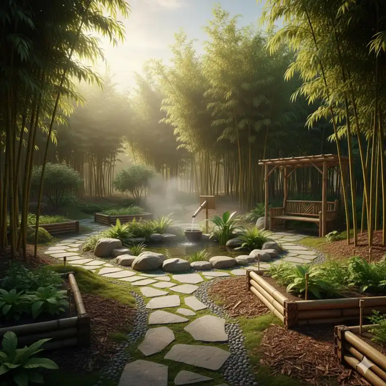Bambus Garten Ideen Nachhaltig: Gesamtansicht eines japanisch inspirierten, nachhaltig gestalteten Gartens mit Stegen und Wasserspiel.