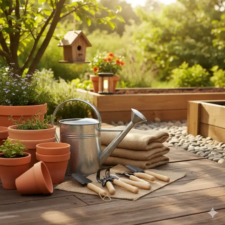 Nachhaltige gartenaccessoires kaufen – Verschiedene Produkte aus Holz und Terrakotta.
