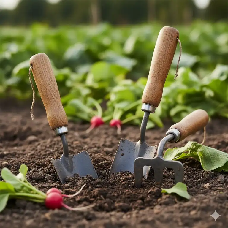 Eine Nahaufnahme von robusten, hölzernen und metallischen nachhaltige gartengeräte für gemüse, die in der dunklen Gartenerde stecken.