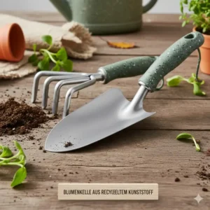 Blumenkelle aus recyceltem Kunststoff in Nahaufnahme, perfekt für nachhaltiges Gärtnern.