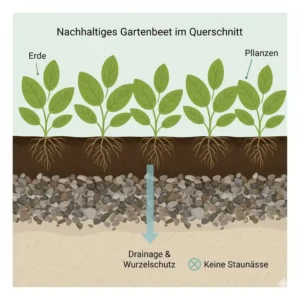 Cross-section diagram: A layer of coarse gravel beneath the soil for optimal drainage and root protection from waterlogging to use gravel in sustainable garden beds.