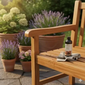 Wetterfeste Gartenbank aus Holz, geölt, als Beispiel für nachhaltige Gartenmöbel aus Holz.
