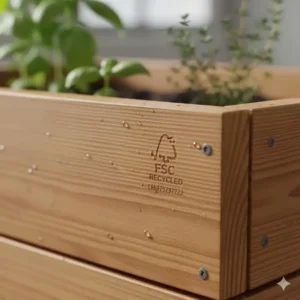 Detailansicht: Zertifiziertes, nachhaltiges Holzmaterial für das Kräuterhochbeet. Hier kaufen Sie Qualität.