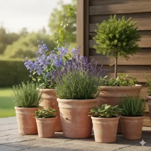 Nachhaltige Kübelpflanzen für Terrasse: Blühender Lavendel zieht Bienen an (insektenfreundlich).