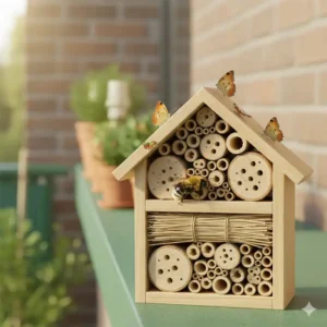 Nahaufnahme eines kleinen Insektenhotels aus Holz, eine einfache Idee für mini ökologische gartenprojekte