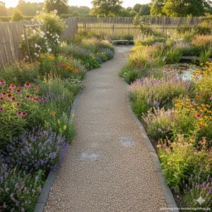 Ökologischer gartenweg ideen aus hellem Kies, der eine hohe Wasserdurchlässigkeit (Versickerungsfähigkeit) gewährleistet.