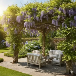 Pergola mit Weinreben bietet natürliche schattierung für garten-Terrasse