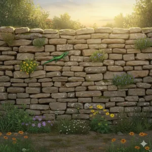 Trockenmauer aus Naturstein im Ökogarten Ideen als Lebensraum für Tiere.