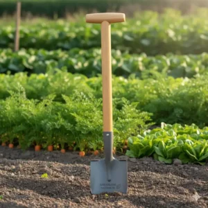 Ein ergonomischer Spaten aus Eschenholz und Stahl, eines der nachhaltige gartengeräte für gemüse, bereit zur Bodenlockerung.