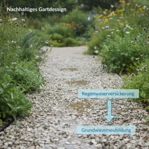 A garden path made of grit or gravel that actively allows rainwater infiltration to promote groundwater recharge, demonstrating how to use gravel in sustainable garden design.