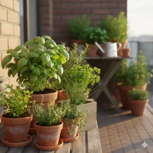 Diverse Küchenkräuter in Töpfen auf einem sonnigen Balkon, ideal für anfänger-freundliche mini ökologische gartenprojekte