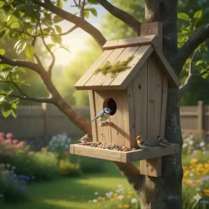 Ein robustes, hölzernes Vogelhaus zum nachhaltige gartenaccessoires kaufen.