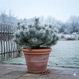 Nachhaltige Kübelpflanzen für Terrasse: Immergrüne Bergkiefer im Topf mit leichtem Frost, winterhart.