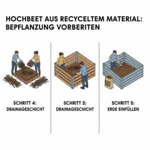 Einlegen der Drainageschicht in das hochbeet aus recyceltem material.