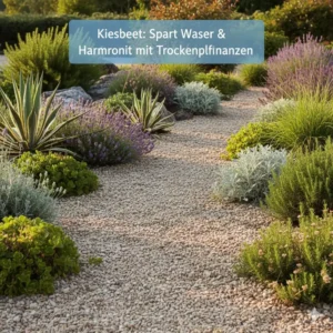 A lush gravel bed (rock garden) with Mediterranean and drought-resistant plants that harmonize ideally with gravel mulch to save water and use gravel in sustainable garden.