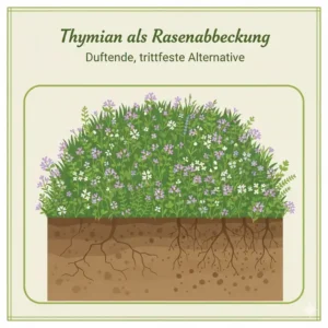 Eine spezifische Art der ökologische Rasenabdeckung: eine Fläche, die vollständig mit duftendem Thymian bedeckt ist.