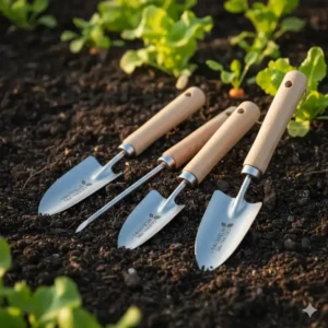 Ein Set von Handwerkzeugen aus recycelten Materialien, Beispiele für nachhaltige gartengeräte für gemüse für den Bio-Anbau.