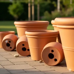Nachhaltige Kübelpflanzen für Terrasse: Große Terrakotta-Töpfe mit Drainage für optimale Wurzelentwicklung.