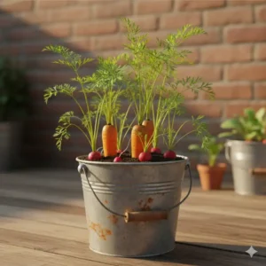 Karotten und Radieschen, die aus einem wiederverwendeten Eimer wachsen, zeigt den platzsparenden Ansatz von mini ökologische gartenprojekte