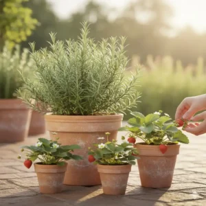 Nachhaltige Kübelpflanzen für Terrasse: Rosmarin und Erdbeeren als essbare Pflanzen im Kübel.