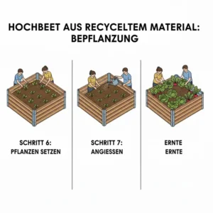 Nahaufnahme von Salat und Radieschen im praktischen hochbeet aus recyceltem material.