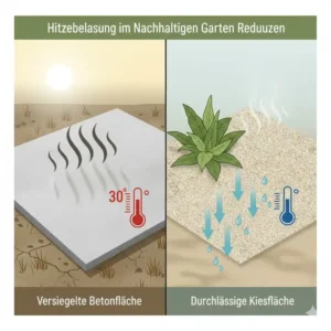 Comparison image: Shows the difference between a paved concrete surface and a permeable gravel surface to reduce heat load when you use gravel in sustainable garden.
