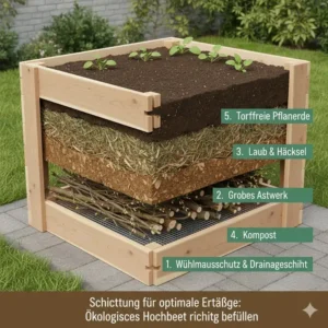 Korrekte Schichtung und Befüllung des Hochbeet Bausatz ökologisch.