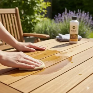 Person ölt einen Gartentisch: So pflegen Sie nachhaltige Gartenmöbel aus Holz.