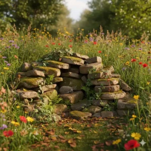 Kleiner Steinhaufen aus Naturstein im Ökogarten Ideen als Unterschlupf und Biotop.