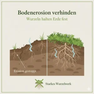 Schnittzeichnung, die zeigt, wie die Wurzeln der ökologische Rasenabdeckung den Boden festhalten und Bodenerosion verhindern.