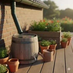 Ein kleiner Regenwassersammler, der Wasser für die Bewässerung der mini ökologische gartenprojekte speichert