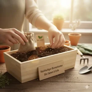 Bio-Samen und nachhaltige Erde in einem umweltfreundlichen Blumenkasten kaufen.