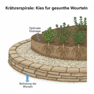 Detail of the lower zone of an herb spiral, where a thick layer of gravel ensures the necessary drainage and aeration of herb roots to use gravel in sustainable garden effectively.