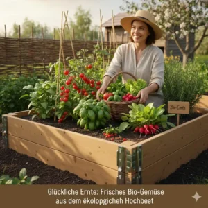 Eine Person erntet Bio-Kräuter aus dem Hochbeet Bausatz ökologisch.