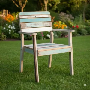 Moderner Gartenstuhl aus recyceltem Holz – ein Beispiel für nachhaltige Gartenmöbel aus Holz.