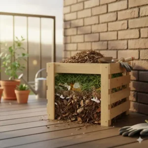 Ein kleiner, geschichteter Komposthaufen in einer Ecke, essentiell für nachhaltige mini ökologische gartenprojekte