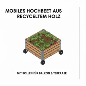 Ein mobiles hochbeet aus recyceltem material (Holz) mit Rollen für den Balkon.